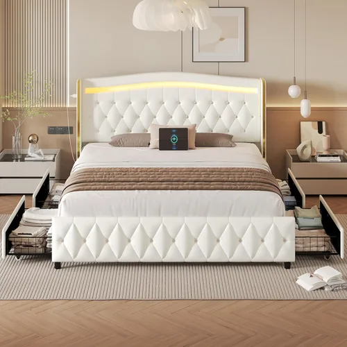 Vista 10 de Marco de cama de tamaño matrimonial, cabecero, 4 cajones de almacenamiento, luces LED, color negro