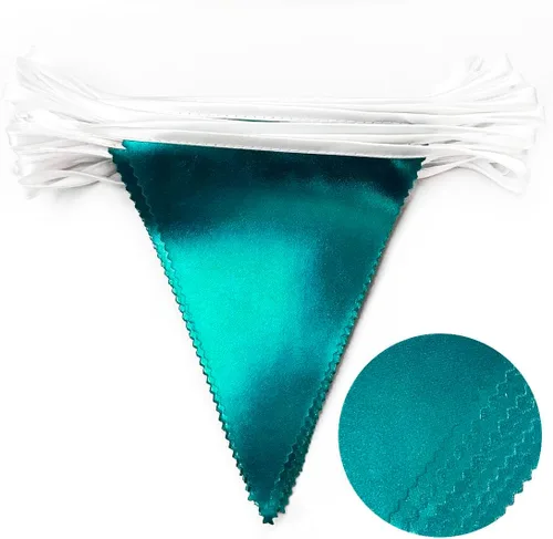 Vista 3 de Banderín de color verde azulado y aguamarina en forma de triángulo, bandera de tela metálica oscura, banderines de guirnalda de algodón