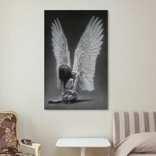 Vista 7 de Rucatto Pintura de alas de ángel en blanco y negro, arte abstracto, póster femenino en blanco y negro, pinturas de arte de pared, lienzo, decoración