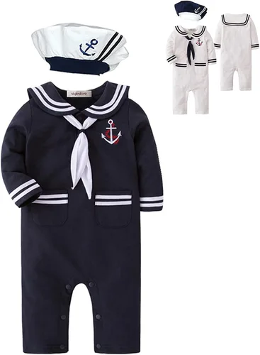 Vista 7 de StylesILove - Mameluco de algodón marinero marino con sombrero y corbata 3 piezas
