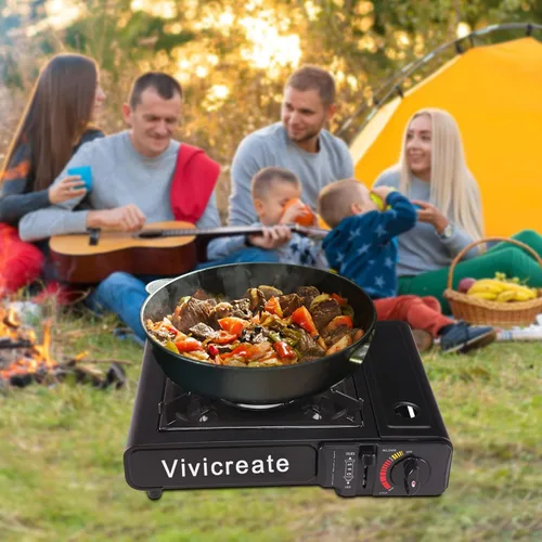 Vista 3 de Vivicreate Estufa de gas butano portátil de 8500 BTU para acampar, cocinar al aire libre, quemador portátil ligero con encendido automático, estufa