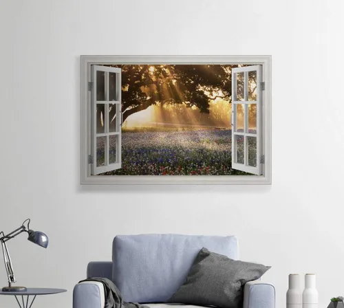 Vista 3 de Renditions Gallery Komorebi - Arte de pared con ventana, luz del sol que brilla a través de las hojas de los árboles, hermosa naturaleza, decoración