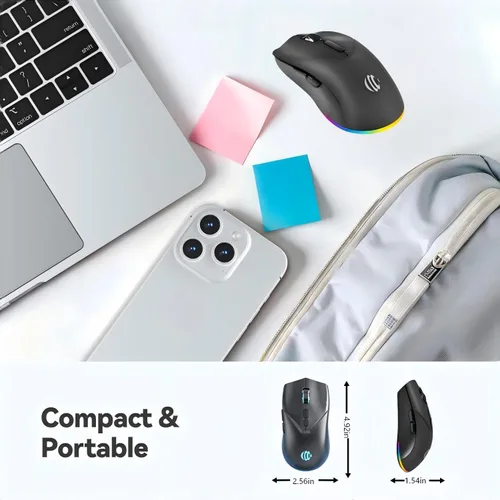 Vista 7 de Ratón inalámbrico, mouse recargable Bluetooth, modo dual BT 5.2 + 2.4G USB silencioso inalámbrico Bluetooth, diseño ergonómico RGB, mouse DPI