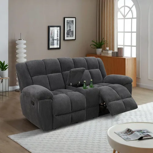 Vista 22 de Juego de sofá reclinable para muebles de sala de estar, juego de sofá y silla reclinable de pana verde, tela manual, sofá reclinable de 3 plazas