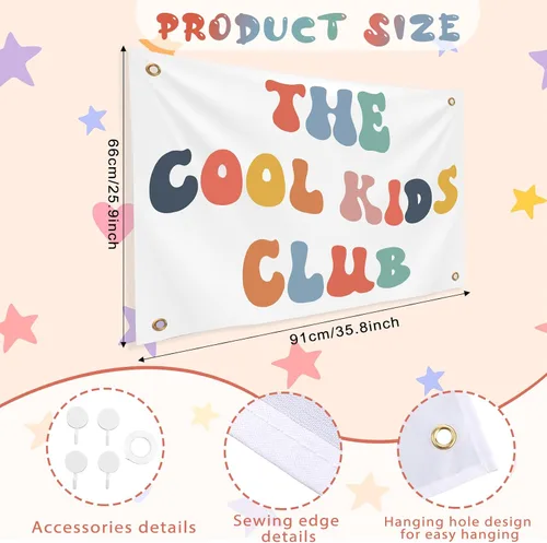 Vista 3 de Yinkin Playroom Decor The Cool Kids Club - Pancarta de pared de 36 x 26 pulgadas, diseño de arco iris, lindo y colorido tapiz para colgar