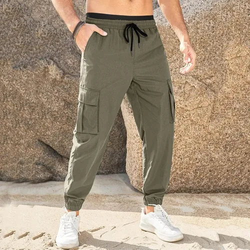 Vista 5 de Pantalones cargo de sarga para hombre, estilo casual, con cordón de algodón, elásticos, elásticos, con múltiples bolsillos