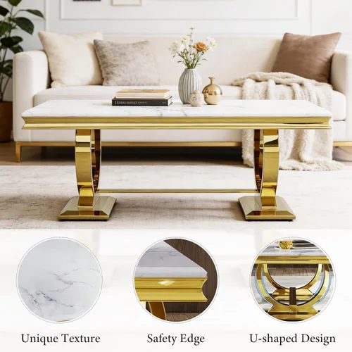 Vista 4 de Asday Mesa de centro dorada y blanca, mesa de centro rectangular de mármol dorado, mesa central elegante de lujo para sala de estar, pasillo