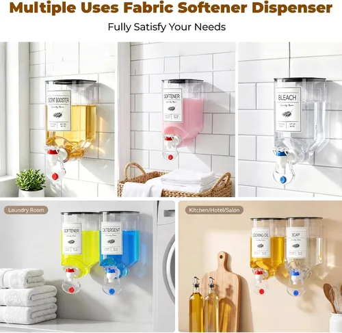Vista 6 de Paquete de 2 dispensadores de jabón para lavandería, dispensador de detergente montado en la pared, dispensador de suavizante de tela, dispensador