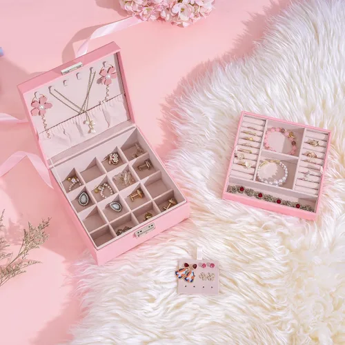 Vista 3 de BEWISHOME Joyero para niñas y mujeres, caja organizadora de joyas, regalos del día de San Valentín para mujeres y mujeres, caja de almacenamiento