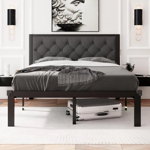 Vista 8 de Feonase Marco de cama de metal tamaño doble con cabecera capitoné de cuero sintético con botones, marco de cama tipo plataforma resistente