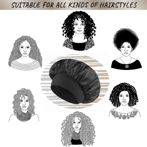 Vista 4 de Silk Bonnet for Women Curly Hair, Large Satin Bonnet Sleeping Cap for Men Negro