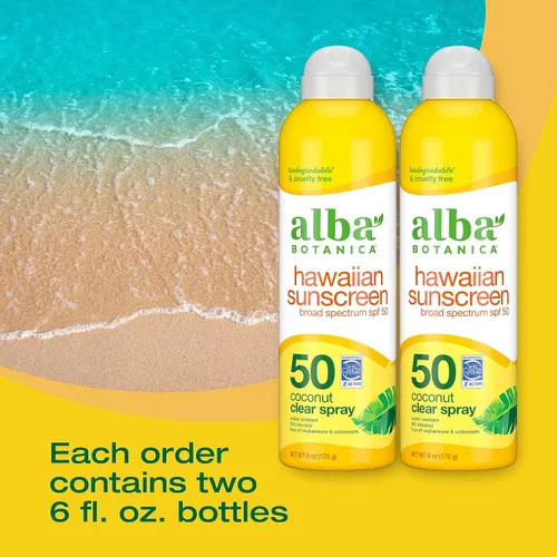 Vista 2 de Alba Botanica Protector solar en aerosol para rostro y cuerpo, protector solar SPF 50 de amplio espectro, coco hawaiano, resistente al agua