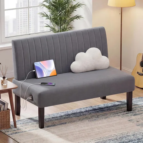 Vista 10 de STHOUYN Mini sofá pequeño de cuero negro de 43 pulgadas de ancho, sofá biplaza sin brazos para dormitorio con puerto USB, sofás pequeños