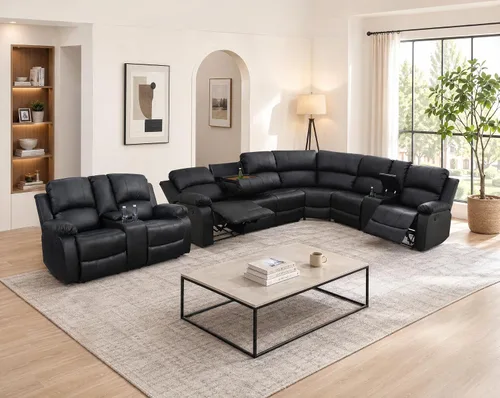 Vista 9 de Juego de sofá seccional reclinable manual, juegos de muebles de sala de estar de cuero regenerado en forma de L, sofá de esquina seccional