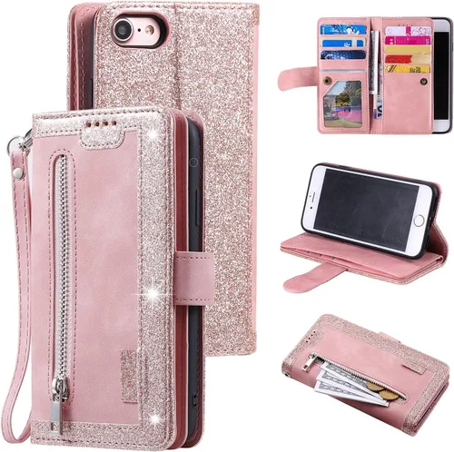 Vista 11 de UEEBAI Funda tipo cartera para iPhone SE 2022 5G/iPhone 7/iPhone 8/iPhone SE 2020, retro con 9 ranuras para tarjetas, bolsillo con cremallera, funda