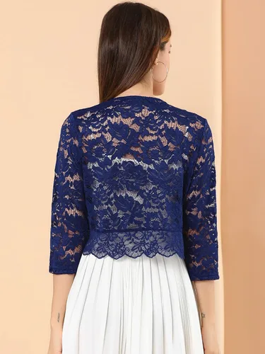Vista 5 de Allegra K - Chaquetilla elegante para mujer de encaje floral traslúcido y manga 34