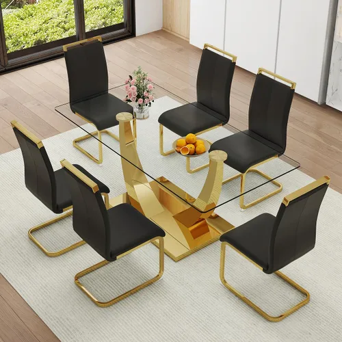 Vista 10 de Juego de Mesa de Comedor Negra para 6, Mesa de Comedor de Mármol Falso de 71" para 6, Juego de Mesa de Cocina Rectangular con Sillas de Cuero PU
