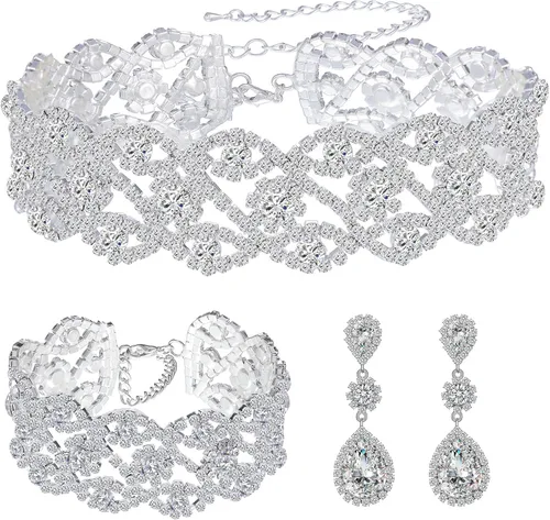 Vista 12 de Collar de gargantilla nupcial de cristal de diamantes de imitación para mujer