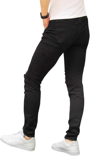 Vista 2 de LONGBIDA Pantalones de mezclilla ajustados rasgados para hombre, elásticos, ajustados, con agujeros en la rodilla, pierna cónica