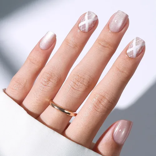 Vista 41 de Modelones Uñas postizas cuadradas cortas, color blanco y rosa, 32
