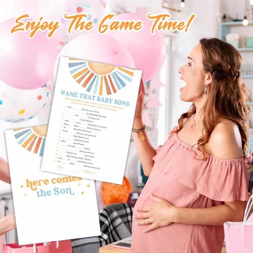 Vista 4 de Name That Baby Song Baby Shower Juego Kit – Acuarela Retro Sun – 30 tarjetas de juego de relleno de doble cara para baby shower, revelación