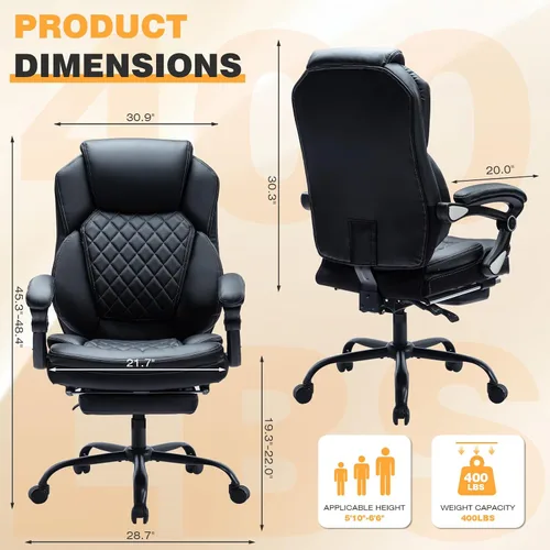 Vista 3 de Sillas de escritorio reclinables de oficina de 400 libras con reposapiés, sillas de oficina reclinables con respaldo alto y ruedas grandes, silla