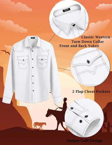 Vista 6 de COOFANDY Camisas vaqueras occidentales de manga larga de algodón con botones y bolsillos para hombre