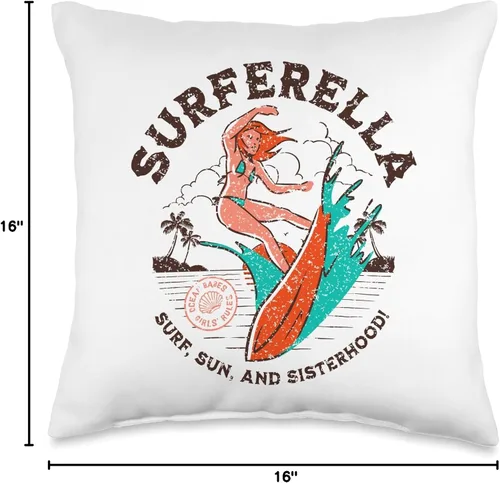 Vista 4 de High Tide Threads Surferella Sun Sisterhood Surfing - Almohada para surfista, 16 x 16 pulgadas, multicolor