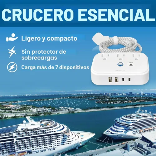 Vista 2 de Regleta de alimentación aprobada por crucero, protector sin sobretensiones con cable de extensión de viaje de 3.3 pies y puertos USB