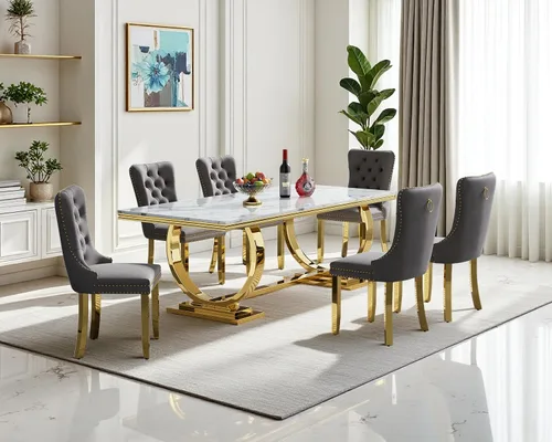 Vista 53 de Juego de mesa de comedor de mármol sintético, 7 piezas, juego de mesa de cocina y comedor para 6, mesa de comedor rectangular blanca de 70 pulgadas