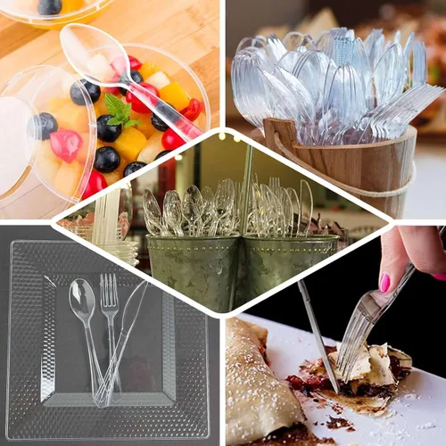 Vista 5 de Efavormart - Juego de 24 cubiertos de plástico transparente negro resistente con mango de punta acampanada, cuchara de tenedor desechable