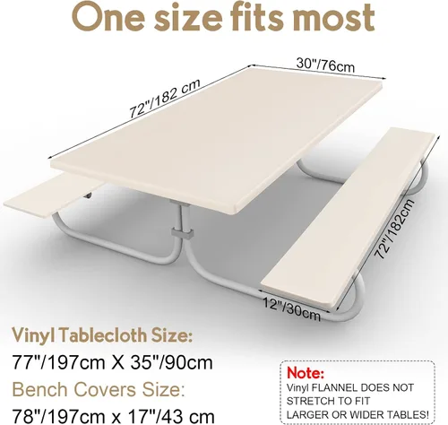 Vista 2 de Funda de mantel ajustable de 3 piezas para mesa de pícnic y bancos, para mesa de 6 pies, 30 x 72 pulgadas, vinilo con bordes elásticos ajustables