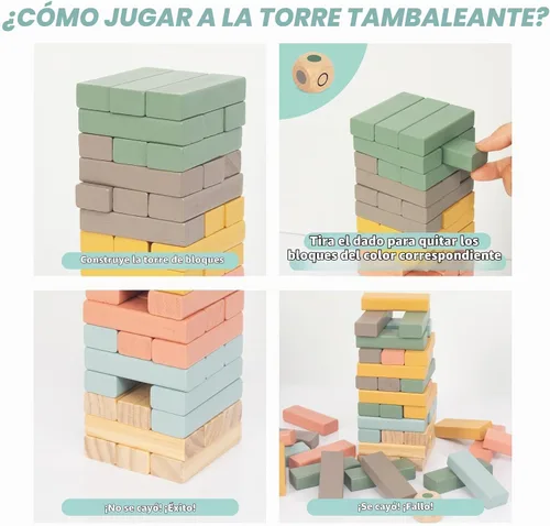 Vista 3 de WOODENFUN Juegos de apilamiento de bloques de madera, juego de bloques de Multicolor