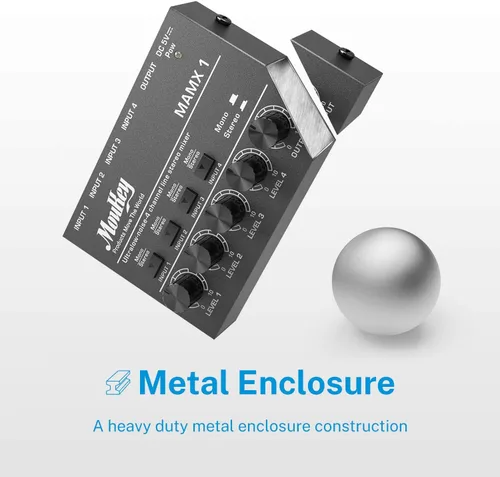 Vista 3 de Moukey Mini Mezclador de Audio, DC 5V, 4 Estéreo Ultra, Mezclador de Línea de 4 Canales de Bajo Ruido para Sub-Mezcla, para Pequeños Clubes o Bares
