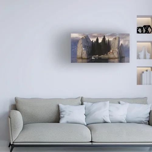 Vista 3 de Lienzo decorativo para pared, diseño de Arnold Bocklin con la frase "La Isla de los Muertos", para decoración de sala de estar, dormitorio u