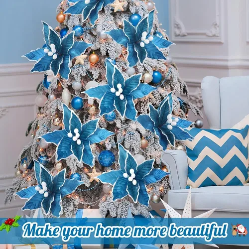 Vista 5 de Zeyune 6 Piezas Flores de Pascua Azules de Navidad Artificiales Grandes Espinas de Pascua Falsas Flores de Franela con Borde Helado para Adornos
