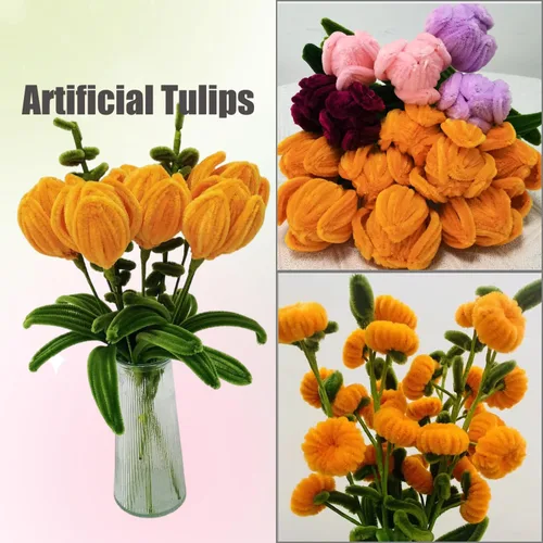 Vista 6 de Juego de 200 limpiapipas naranja verde oliva con alambres florales y cinta de jardinería, tallos de felpilla para hacer ramos de tulipanes, caqui