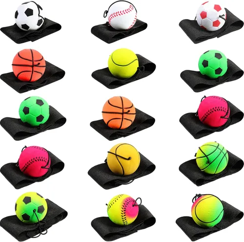 Vista 10 de Skylety Bola de Muñeca con Rebote de 1.85 Pulgadas, Bola de Deporte de Goma con Correa y Cuerda, Bolas Reboteadoras de Baloncesto, Béisbol, Fútbol