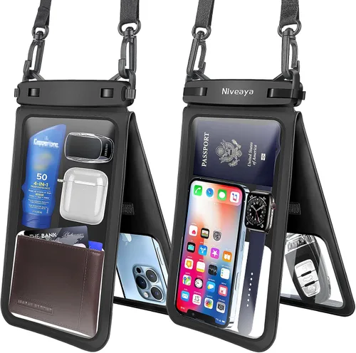 Vista 17 de Niveaya Bolsa impermeable para teléfono con doble espacio - 2 unidades, funda impermeable con cordón para iPhone 16/15/14/13/12 Pro Max hasta 8.3