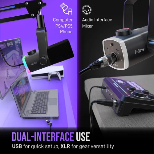 Vista 3 de Kit de micrófono de juego FIFINE, micrófono dinámico XLR/USB para PC con brazo articulado para grabación de podcast, juego de micrófono RGB