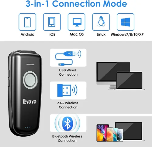 Vista 4 de Eyoyo Mini escáner de código de barras Bluetooth 1D inalámbrico, con botón de encendido/apagado, botón de subida y bajada de volumen, batería