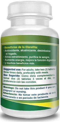 Vista 5 de Clorofila en tabletas. Set de 2 frascos con 120 tabletas CADA uno. Desintoxicica y purifica la Sangre, ayuda a la digestión, combate estrenimiento