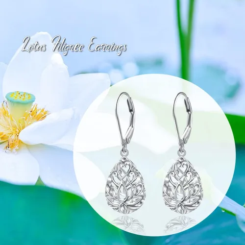 Vista 55 de Aretes colgantes de filigrana de plata de ley 925, margarita, loto, flor de rosa, piedra lunar, lágrima para mujer, nudo celta infinito, margarita