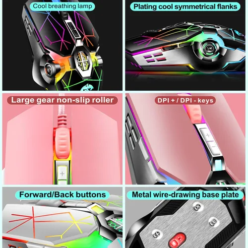 Vista 5 de Mouse para juegos con cable, USB óptico para computadora con retroiluminación RGB, 7 DPI ajustables hasta 3200, mouse ergonómico para computadora