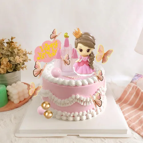 Vista 6 de Decoración de pastel de princesa, decoración de pastel de castillo de princesa rosa, bolas de mariposa, pasteles de feliz cumpleaños, decoración