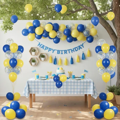 Vista 2 de Globos azul marino y amarillo de 12 pulgadas, globos de confeti azul marino y amarillo para decoraciones de fiesta de cumpleaños