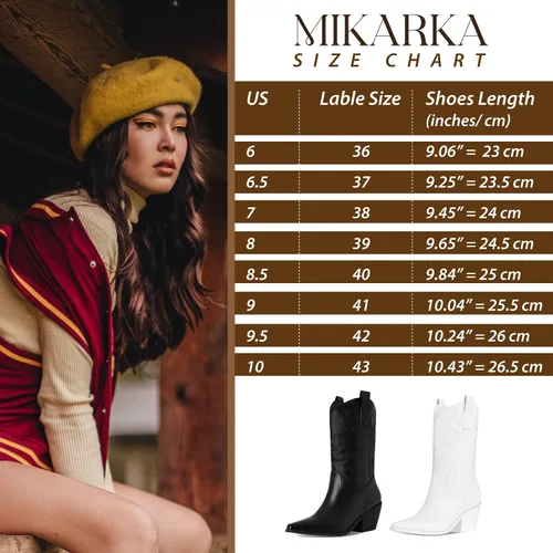 Vista 7 de Mikarka Botas vaqueras bordadas de media pantorrilla para mujer, botas vaqueras occidentales con puntera puntiaguda, botines de vaquero con grifos