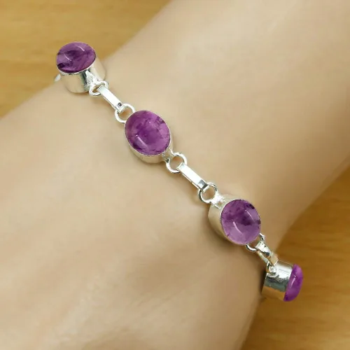 Vista 4 de Oval Shape Natural Gemstones Statement Bracelet for Women - 925 Silver Plated Handmade Birthstone Bohemian Vintage Style Women's Jewelry Gifts for