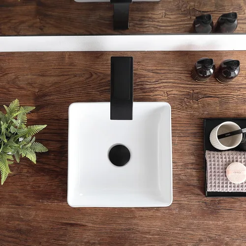 Vista 9 de Lavabo pequeño para baño tipo vasija 11.8"x11.8" pulgadas cuadrado, lavabo de baño de cerámica blanca, lavabos de baño modernos sobre encimera
