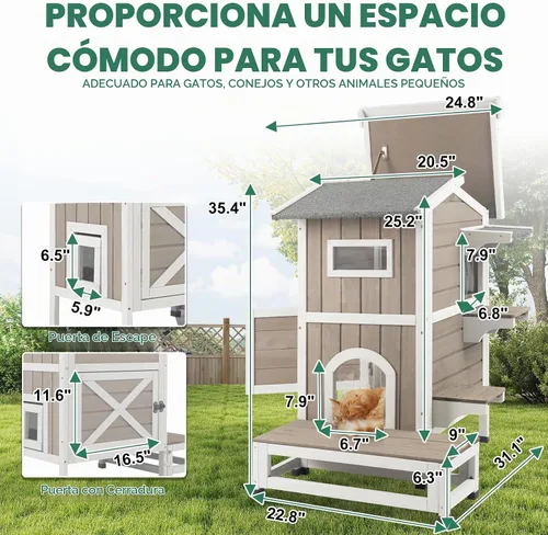 Vista 2 de Casa para gatos de varios niveles para exteriores, resistente a la intemperie con balcón, refugio de 4 puertas